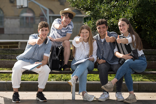 Group of teenager students making ok sign and looking at camera