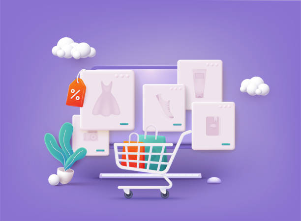 ilustrações de stock, clip art, desenhos animados e ícones de online shopping. design graphic elements, signs, symbols. mobile marketing and digital marketing. 3d web vector illustrations. - e commerce