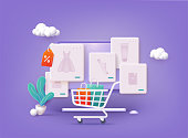 istock Online shopping. Design graphic elements, signs, symbols. Mobile marketing and digital marketing. 3D Web Vector Illustrations. 1405760376