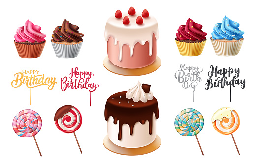 Birthday cakes vector poster set. Happy birthday greeting in cake decoration with balloons, pennants and topper elements for dessert collection design.  Vector illustration.