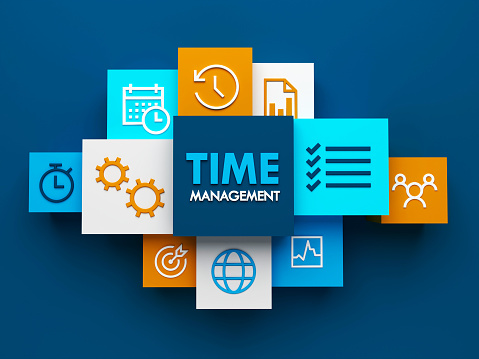 3D render of top view of TIME MANAGEMENT business concept with icons on colorful cubes