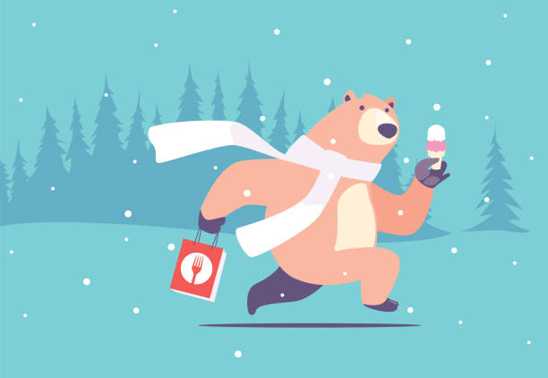 ilustraciones, imágenes clip art, dibujos animados e iconos de stock de oso sosteniendo la bolsa de la compra y corriendo - winter bear