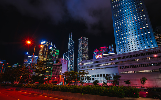 Hong Kong city. Night cityscape with stret lights