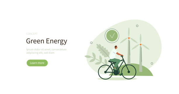 sustainable lifestyle Sustainable living. Characters in modern eco city driving e-bike near windmills. Eco friendly vehicle and sustainable transportation concept. Vector illustration. zero waste illustration stock illustrations