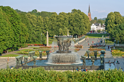 Oslo, Norway - June 29, 2022: Frogner Park panorama with sculptures created by Gustav Vigeland.