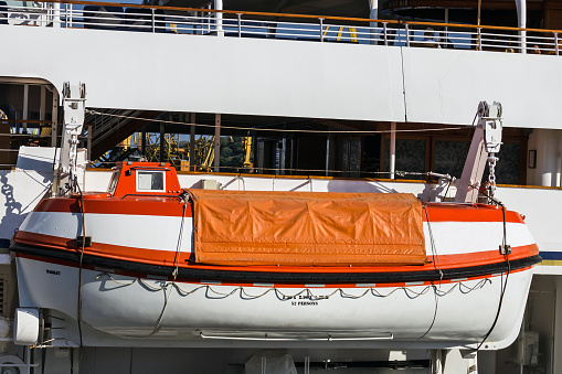 Odessa, Ukraine - June 29, 2022: Life boat handling gear - winch of cruise ship.