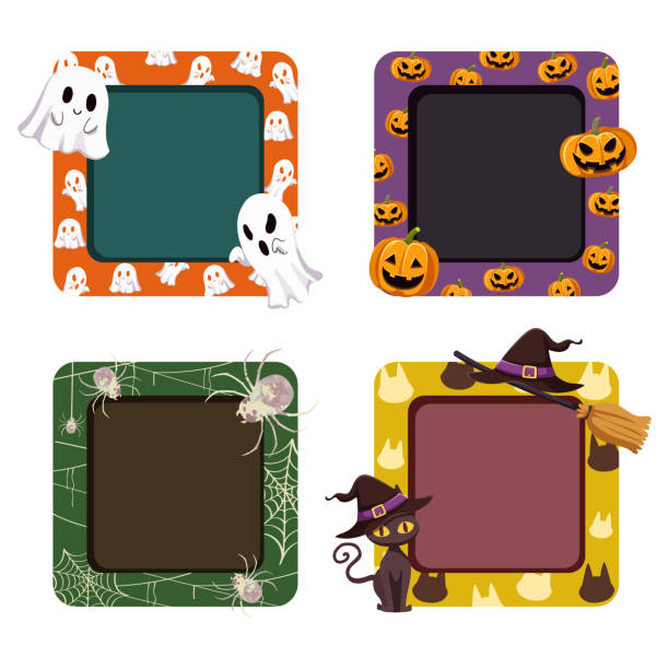 vektorillustration happy halloween (süßes oder saures) feier mit den charakteren für partyeinladung wie banner, webseite, flyer, broschüre, karte - halloween witch domestic cat frame stock-grafiken, -clipart, -cartoons und -symbole