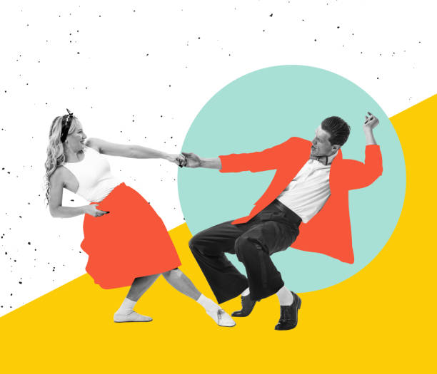 Young happy dancing man and woman in bright retro 70s, 80s style outfits dancing over colored background with drawings. Contemporary art collage. Big energy and motivation. Young happy dancing man and woman in bright retro 70s, 80s style outfits dancing over colored background with drawings. Concept of art, music, fashion, party, creativity. lindy hop stock pictures, royalty-free photos & images