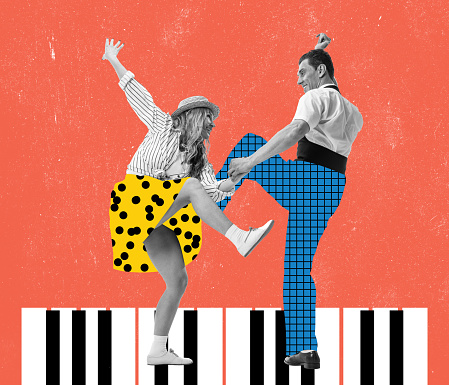 Joven y feliz bailando hombre y mujer en brillantes trajes retro de los años 70, estilo de los 80 bailando sobre fondo de colores con dibujos. Collage de arte contemporáneo. photo