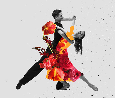 Joven pareja de baile de salón bailando en pose sensual sobre fondo claro. Collage de arte contemporáneo. Concepto de flor, música, arte, emociones photo