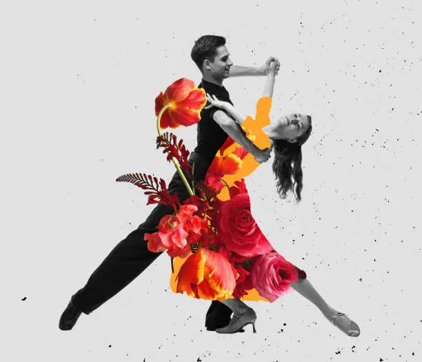Waltz. Young dance ballroom couple dancing in sensual pose on light background. Contemporaryart collage. Flower, music, art, emotions concept. Beautiful woman and man express feelings in motion