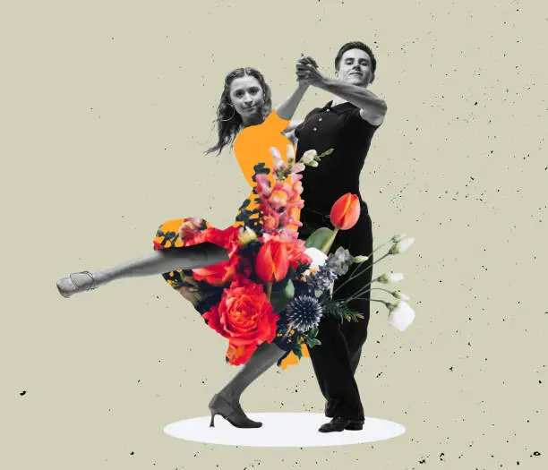 Young dance ballroom couple dancing in sensual pose on light background. Contemporaryart collage. Flower, music, art, emotions concept. Beautiful girl wearing dress with floral print, pattern