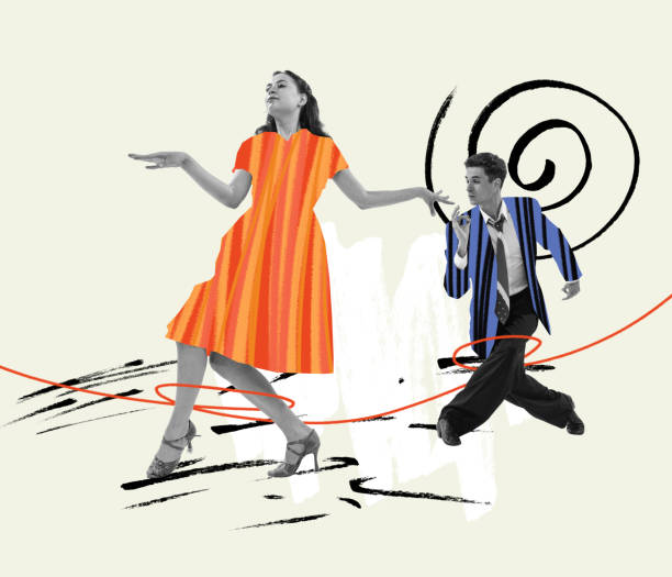 collage de arte contemporáneo. pareja de baile en ropa retro de los años 70, estilo 80 aislada sobre un fondo abstracto brillante. concepto de arte, música, moda, fiesta, creatividad - lindy hop fotografías e imágenes de stock