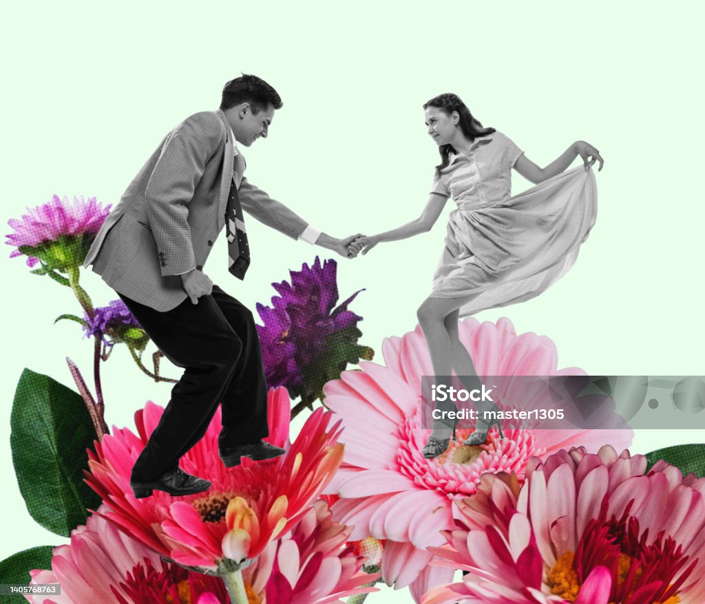 Young happy dancing man and woman in bright retro 70s, 80s style outfits dancing over colored floral background. Contemporary art collage. Big energy and motivation. Young happy dancing man and woman in bright retro 70s, 80s style outfits dancing over floral background. Concept of art, music, fashion, party, creativity. Swing Dancing Stock Photo