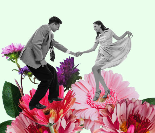 Young happy dancing man and woman in bright retro 70s, 80s style outfits dancing over colored floral background. Contemporary art collage. Big energy and motivation. Young happy dancing man and woman in bright retro 70s, 80s style outfits dancing over floral background. Concept of art, music, fashion, party, creativity. lindy hop stock pictures, royalty-free photos & images