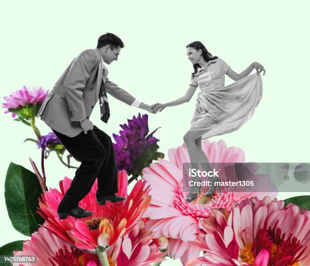 Young Happy Dancing Man And Woman In Bright Retro 70s 80s Style Outfits Dancing Over Colored Floral Background Contemporary Art Collage Stock Photo - Download Image Now