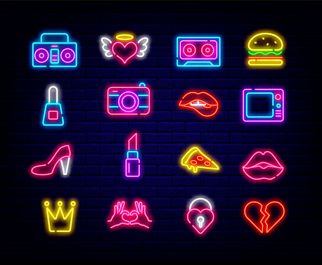 Pop art neon icons collection. Burger and pizza. Woman lips and shoe. Retro electronics. Summer concept. Simple symbols for bar, cafe and shop. Editable stroke. Vector stock illustration
