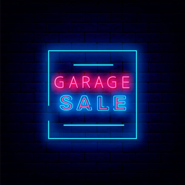 szyld neonowy sprzedaży garażowej. sklep krajowy. koncepcja oferty specjalnej. promocja marketingowa. wektorowa ilustracja stockowa - garage sale audio stock illustrations