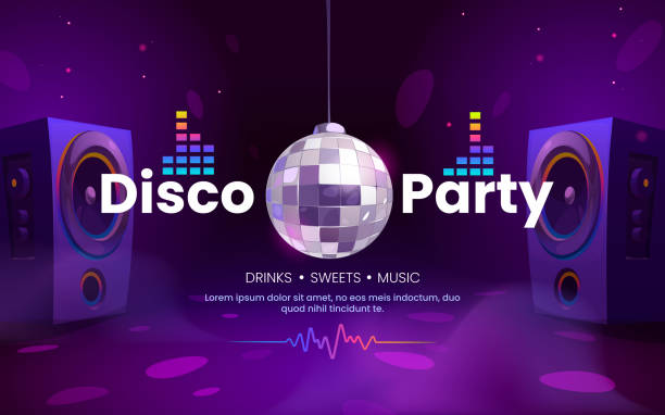 illustrations, cliparts, dessins animés et icônes de bannière de fête disco avec boule de lumière, haut-parleur - backgrounds nightclub disco ball disco
