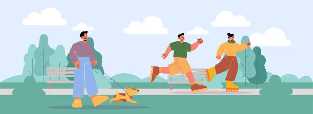 People run and walk with dog in park People run, ride on roller skates and walk with dog on leash in park. Vector flat illustration of summer landscape with man with puppy, girl on rollerskates and jogger Walking stock illustrations