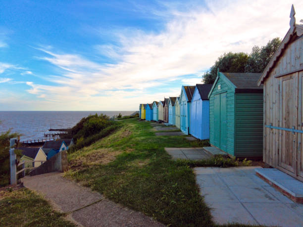 Beach huts on the cliff top in Felixstowe, Suffolk stock photo