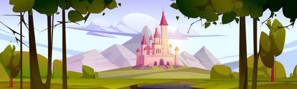 ilustraciones, imágenes clip art, dibujos animados e iconos de stock de castillo de cuento de hadas rosa en el valle de la montaña - castle fairy tale palace forest