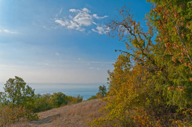 Autumn in the Crimean mountains. Trail on the slope of Mount Perchem, Sudak. Sunny day in September.