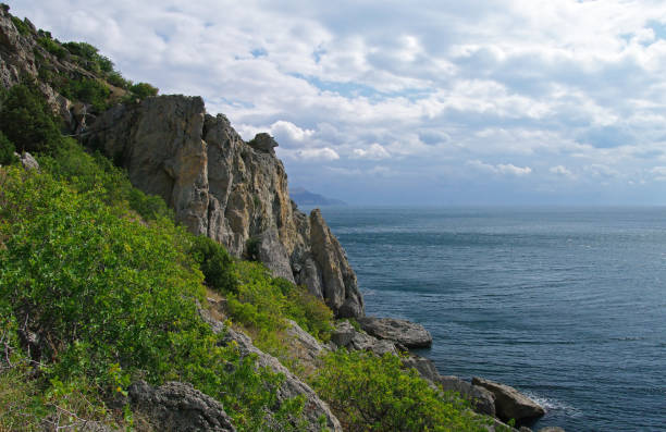 Beautiful view from the Golitsyn trail (a popular hiking route). Crimea, Novy Svet, cloudy day in September.
