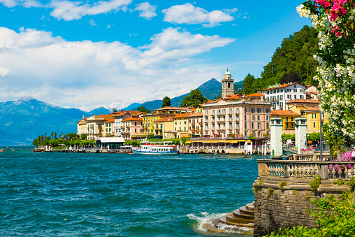 The town of Bellagio, on Lake Como, photographed on a summer day.