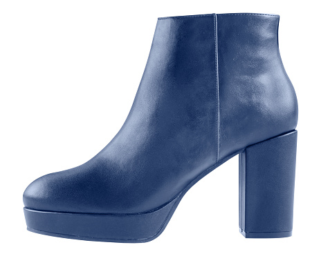 Navy blue woman winter leather ankle platform thick heels boots isolated on white