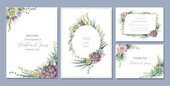 Watercolor vector set wedding invitation card template design with greenery, cacti and succulents.