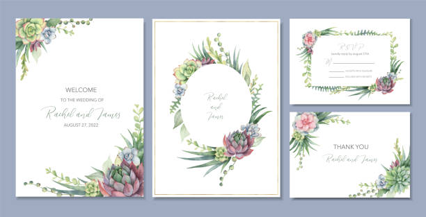 Watercolor vector set wedding invitation card template design with greenery, cacti and succulents. Watercolor vector set wedding invitation card template design with greenery, cacti and succulents. juicy stock illustrations