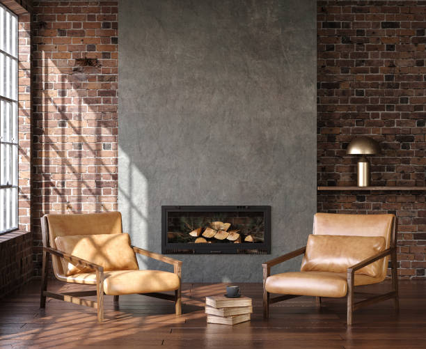 loft soggiorno in stile industriale - home decorating living room luxury fireplace foto e immagini stock