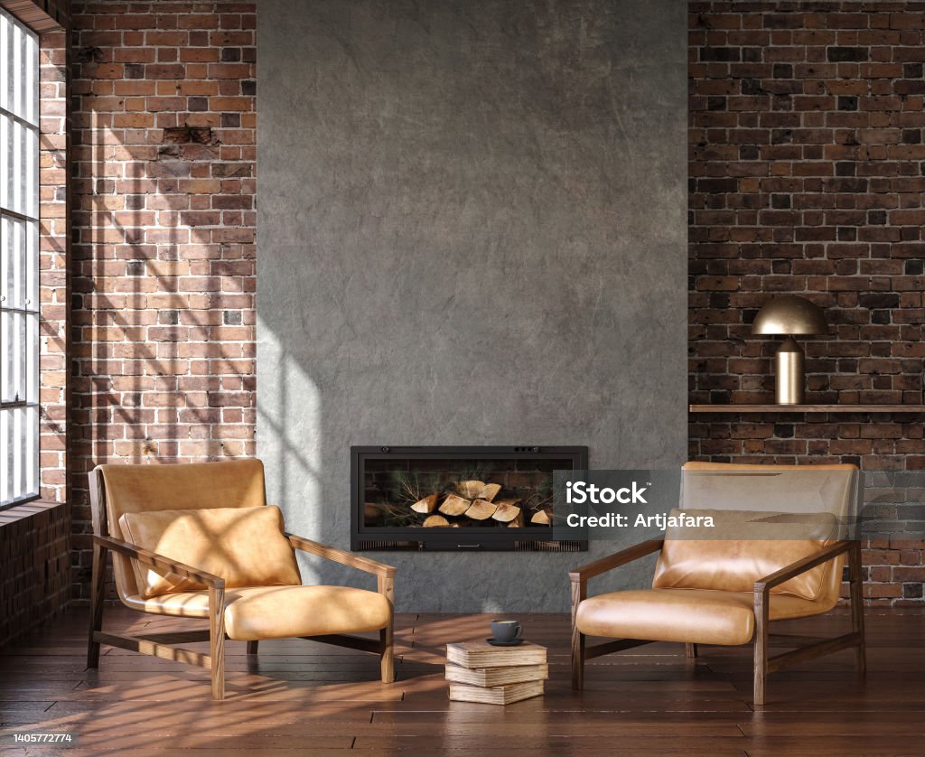 Living room loft in industrial style Living room loft in industrial style, 3d render Fireplace Stock Photo
