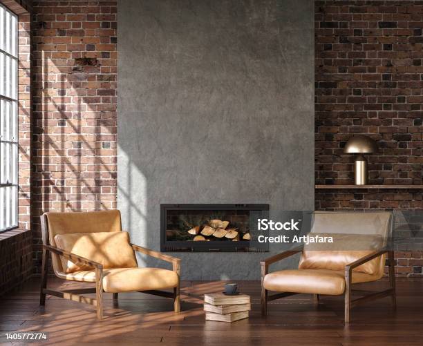 Living Room Loft In Industrial Style Stock Photo - Download Image Now - Fireplace, Living Room, Wall - Building Feature