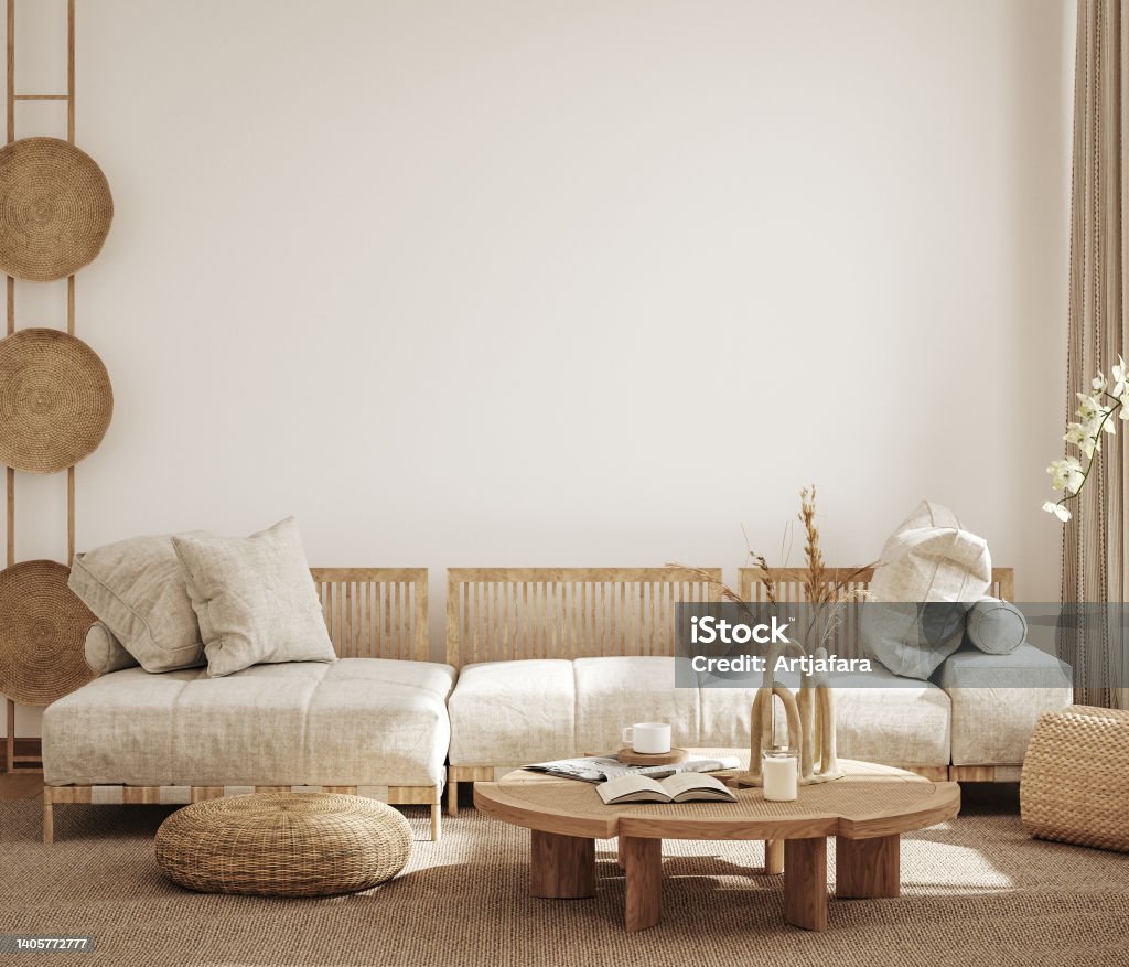 Home interior in japanese style, wall mockup in living room background Home interior in japanese style, wall mockup in living room background, 3d render Indoors Stock Photo