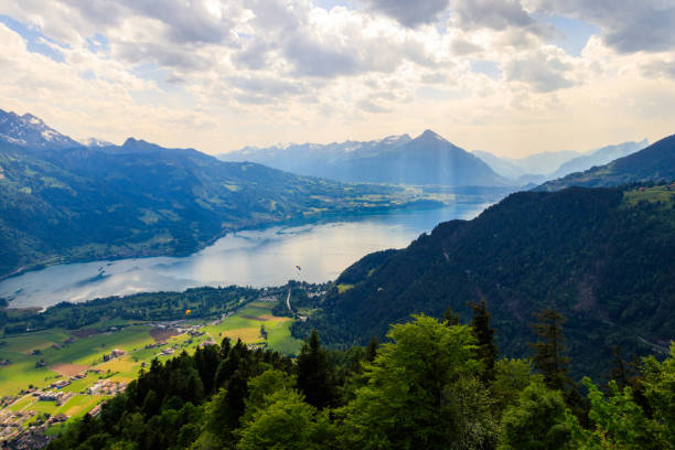 Breathtaking aerial view of Lake Thun and Swiss Alps from Harder Kulm viewpoint, Switzerland Breathtaking aerial view of Lake Thun and Swiss Alps from Harder Kulm viewpoint, Switzerland lake thun stock pictures, royalty-free photos & images