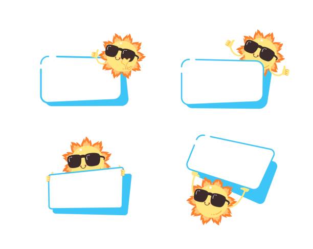 Set of cute sun wearing a sunglasses with blue blank space bubble flat vector illustration isolated on white background. Hello summer. Summer sales. Set of cute sun wearing a sunglasses with blue blank space bubble flat vector illustration isolated on white background. Hello summer. Summer sales. hand raised orange blue colors stock illustrations