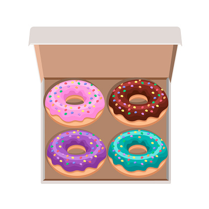 Bright, multicolored.delicious donuts in an open cardboard box on a white background.Vector illustration of baking can be used in the menu of bakeries, cafes, postcards.