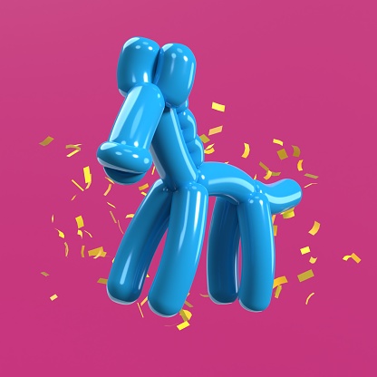 Cheerful greeting card or background design with a balloon horse flowing in the air with confetti against purple background.  Easy to crop for all your social media, print and design needs.