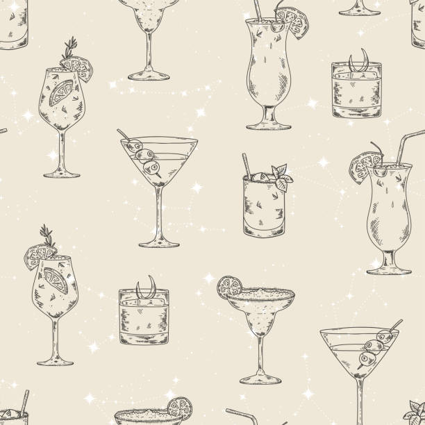 illustrations, cliparts, dessins animés et icônes de cocktails amusants dessinés à la main motif sans couture, idéal pour les bannières, les textiles, les papiers peints, l’emballage - conception vectorielle - martini glass illustrations