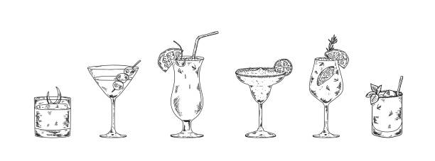 ilustraciones, imágenes clip art, dibujos animados e iconos de stock de divertidos cócteles dibujados a mano. ideal para menús, impresiones - diseño vectorial - liqueur glass