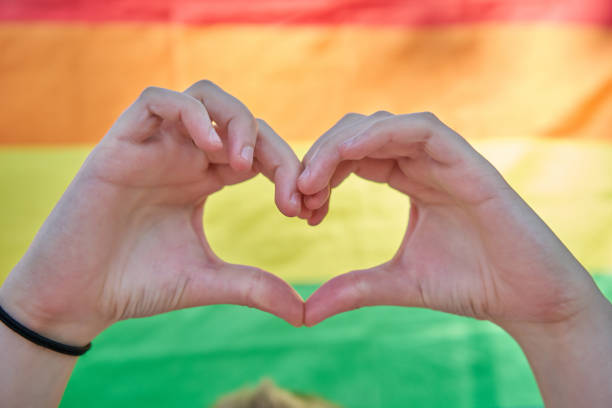 istock Hands make heart shape in a gay pride parade 1405778732