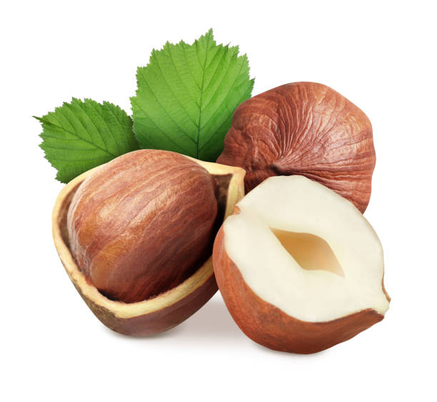 istock Tasty hazelnuts and green leaves on white background 1405780909