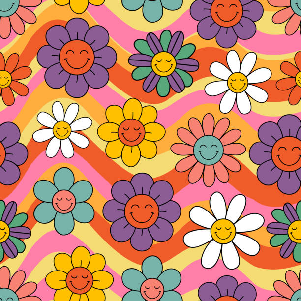 seamless pattern with colorful smiling flowers on a rainbow background vector art illustration
