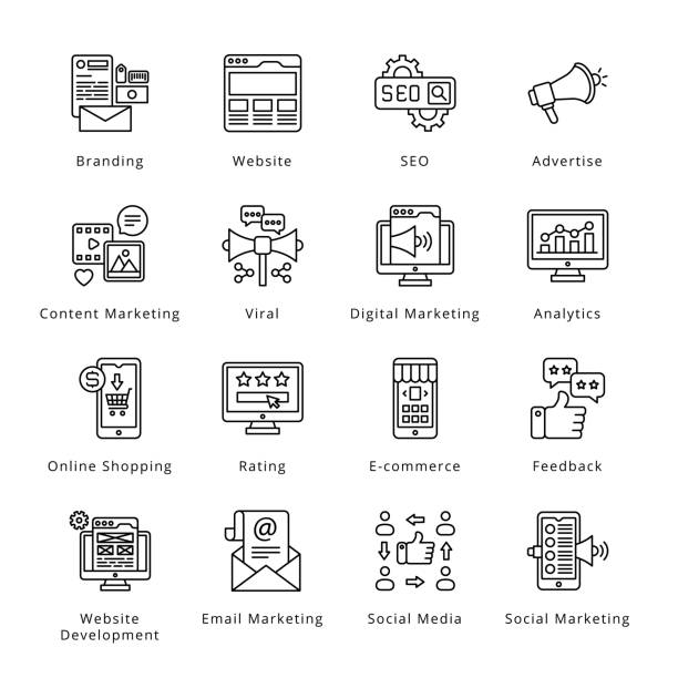 ilustrações, clipart, desenhos animados e ícones de ícones do contorno de marketing digital - traçados, vetores - reputed