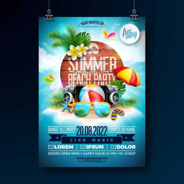 illustrazioni stock, clip art, cartoni animati e icone di tendenza di summer beach party flyer design con occhiali da sole e altoparlante su sandy tropical island e typography lettering su vintage wood board background. illustrazione vettoriale per le vacanze estive con foglie di palma esotiche e fiori per banner, volantino, - musica tropicale