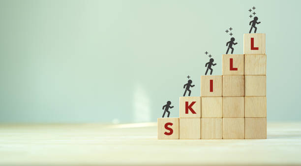 upskilling and personal development concept. skill training, education, learning, ability, knowledge and competency for digital transformantion. upskilling, reskilling, new skills icon on wooden cube - melhoria de competências imagens e fotografias de stock