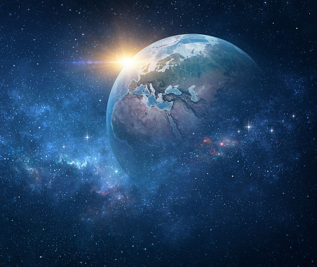 Planet Earth, viewed from space focusing on Western Europe. Earth globe in deep space, stars shining and sun rising on the horizon. 3D illustration (Blender software), elements of this image furnished by NASA (https://eoimages.gsfc.nasa.gov/images/imagerecords/147000/147190/eo_base_2020_clean_3600x1800.png)