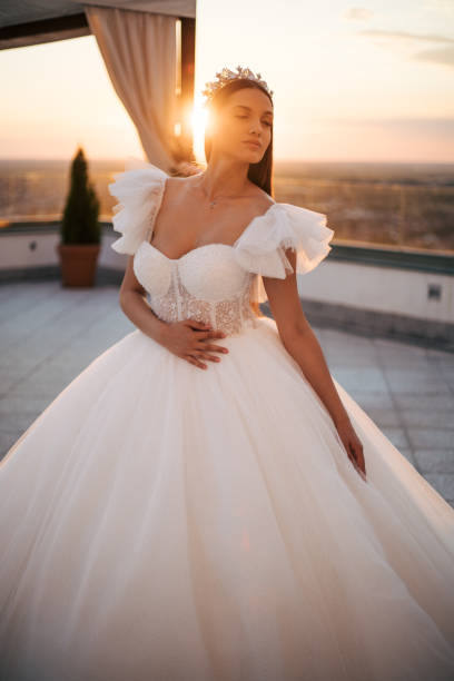 istock Beautiful bride posing in white princess dress with crown. 1405787231